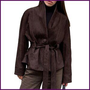 Faux Suede Jacket with Belt, Long Sleeve Button Down Coat